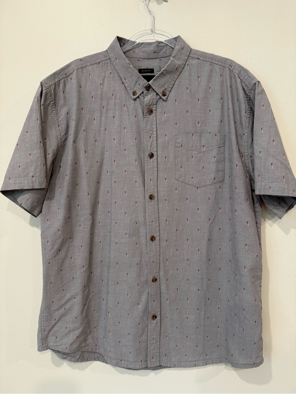 Prana Gray Short-Sleeve Button-Down with Pink Micro Dot Print XXL Slim Woven